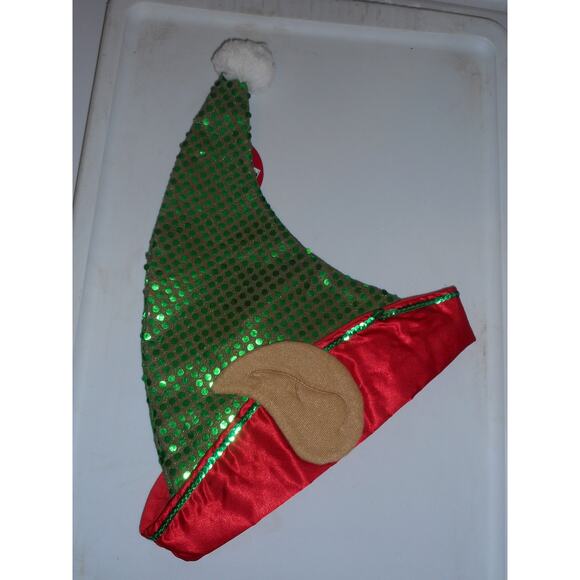 Christmas Elf Hat with Green Sesuin on redish and Ears 14" Winter Wonder Lane - Picture 2 of 2